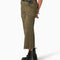 side view of model wearing dark olive green cargo pants with green contrast stitching and black dickies belt