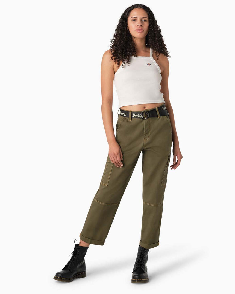 Contrast Stitch Cropped Cargo Pants - Military Green