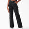 model wearing black high waist carpenter pants with white contrasting thread