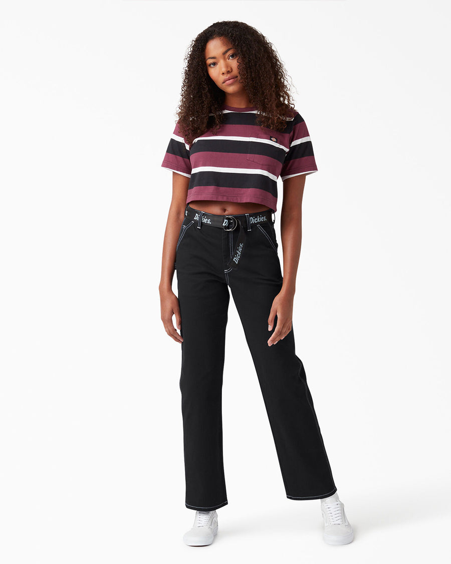 model wearing black high waist carpenter pants with white contrasting thread