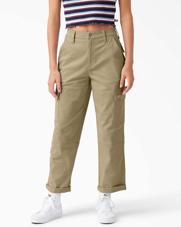 model wearing desert sand relaxed fit cropped cargo pants