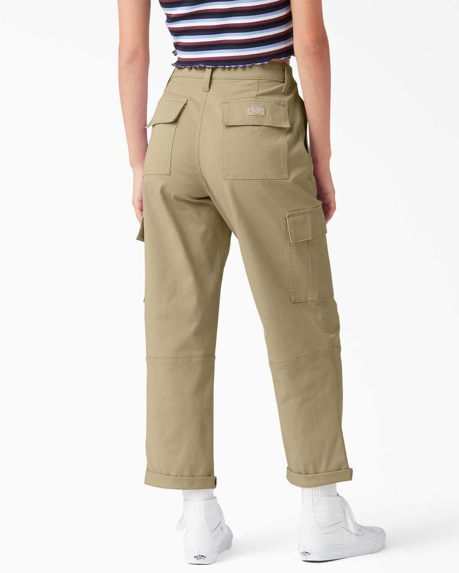 back view of model wearing desert sand relaxed fit cropped cargo pants