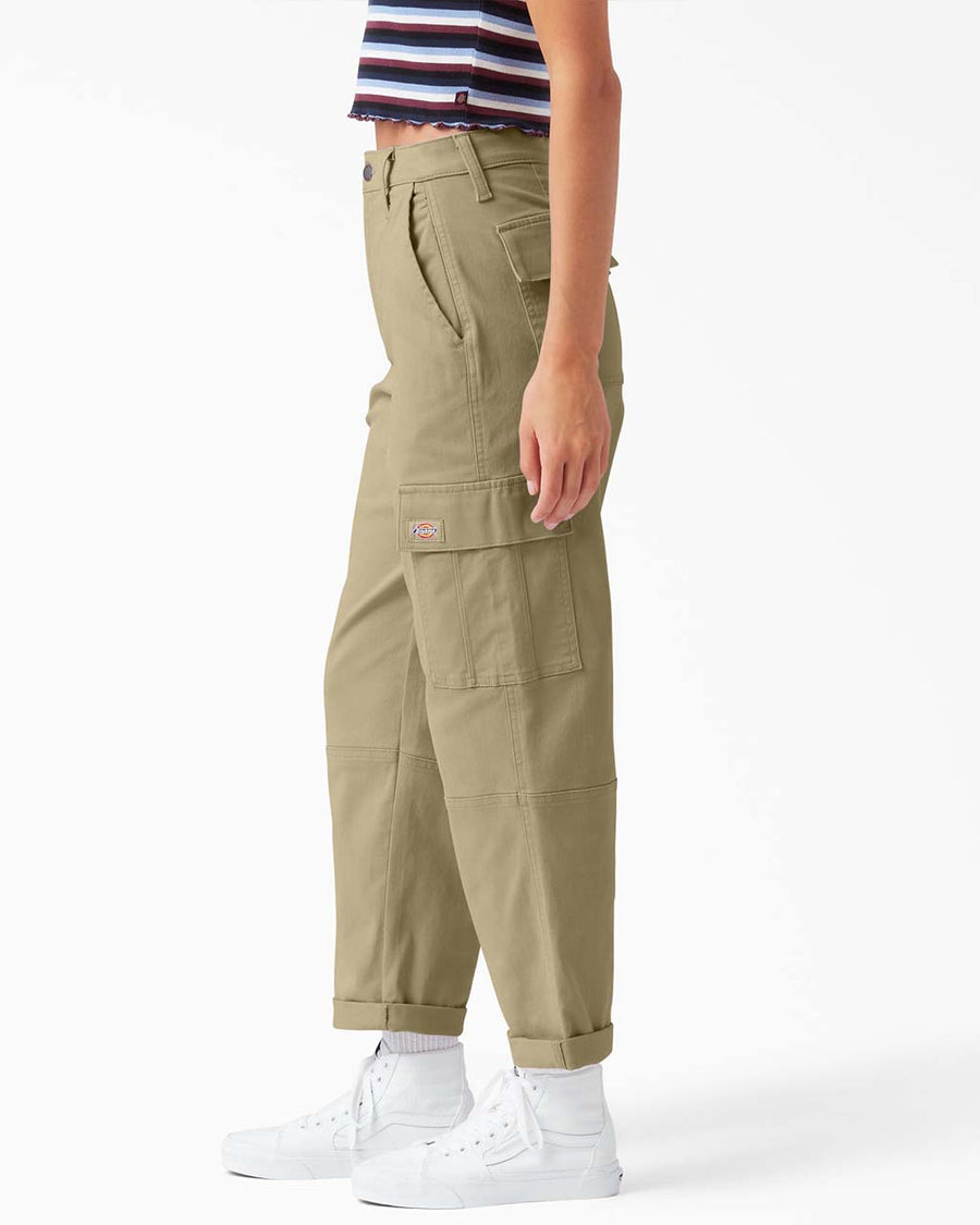 side view of model wearing desert sand relaxed fit cropped cargo pants