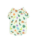 backview of mint colored button down shirt with monstera leaf, bananas, pineapple, guitar and maracas print 