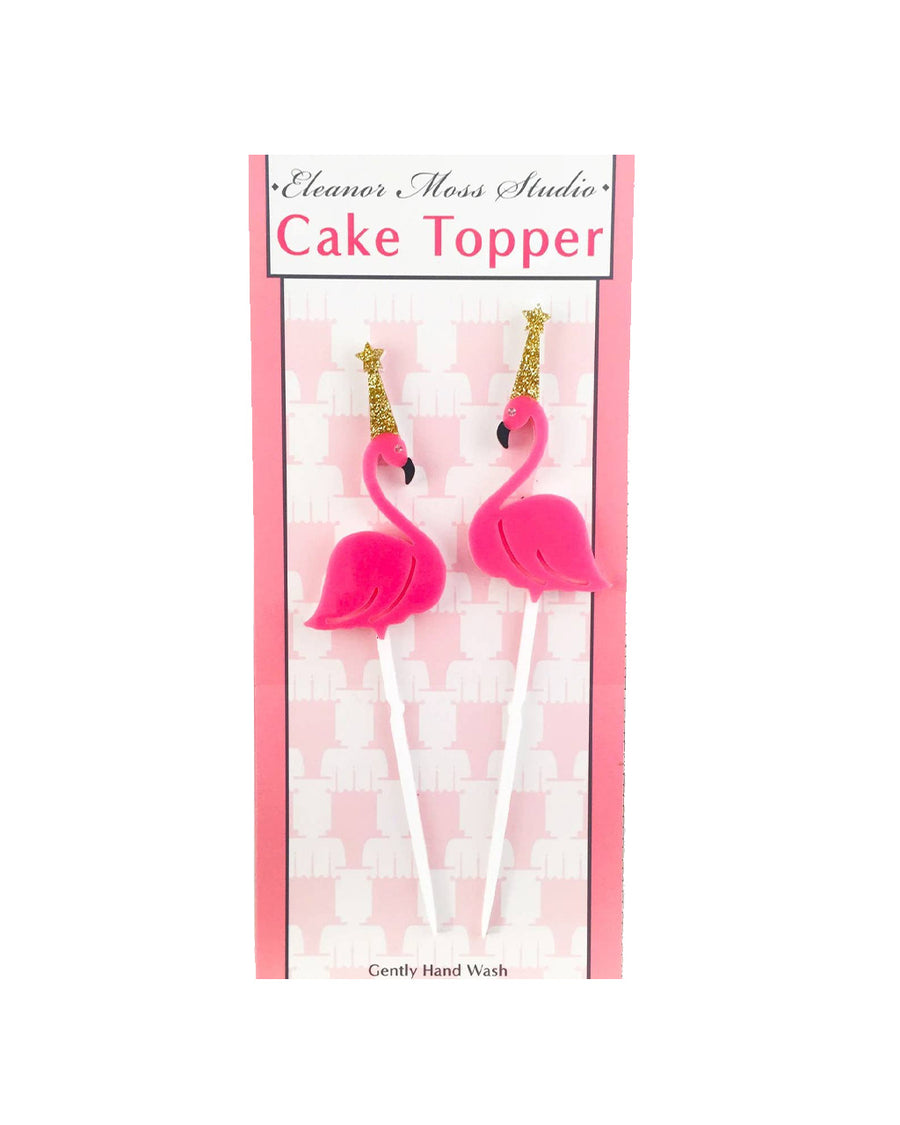 set of 2 hot pink flamingo with gold glitter-y hats  cake toppers