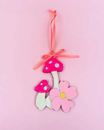 fuchsia mushrooms and pink flower wooden ornament