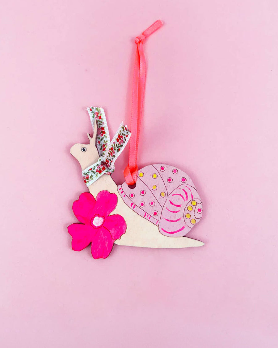 light pink snail with cute ascot and fuschia flower wooden ornament