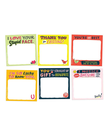 six different thank you for existing...and other exclamations of adoration sticky notes