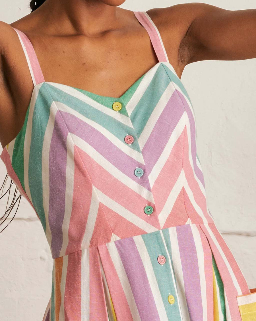 up close of model wearing colorful vertical striped midi sundress with side patch pockets and colorful button front