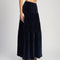 side view of model wearing navy velour midi tiered skirt  and matching tank