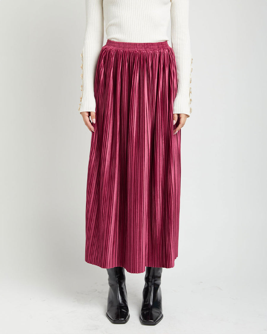 model wearing mulberry silky pleated midi skirt