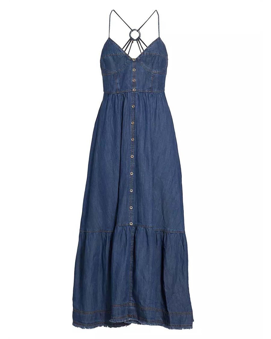 denim midi dress with button front, spaghetti straps and o-ring back detail