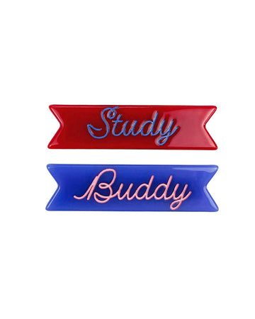 set of 2 hair clips: red with blue 'study' and blue with pink 'buddy' across the front
