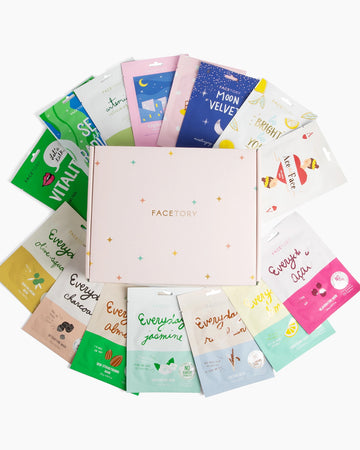 set of 15 glowing sheet face masks in a gift-able box