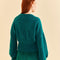 back view of model wearing emerald cardigan with fun tan floral buttons, balloon sleeves and ribbed waist