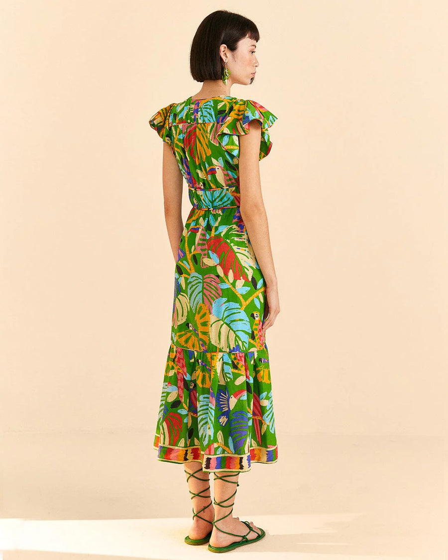 backview of model wearing green midi dress with abstract toucan print, tie waist and slight flutter sleeves