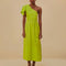 model wearing lime green maxi dress with tie waist and one shoulder 'leaf' detail with pleats