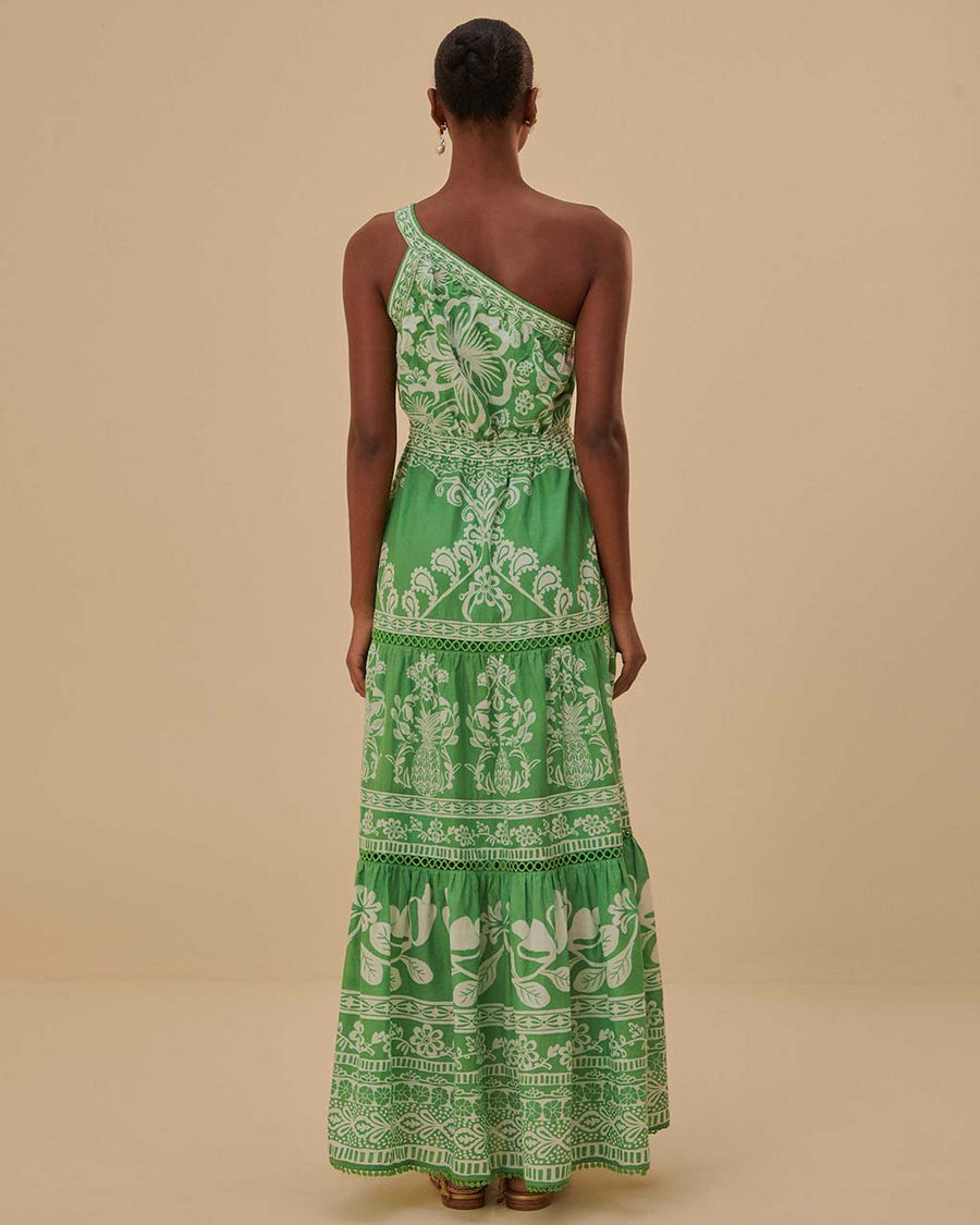 back view of model wearing green and white garden one shoulder maxi dress