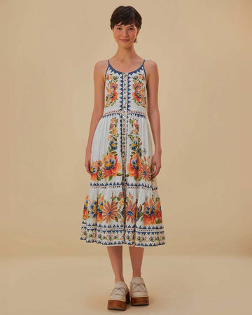 model wearing white midi dress with colorful floral print