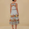 back view of model wearing white midi dress with colorful floral print