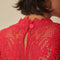 up close of back button closure on lace cutout tank top
