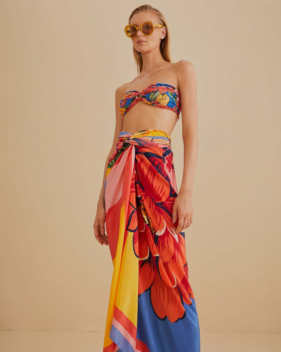 model wearing colorful bold floral swim cover up