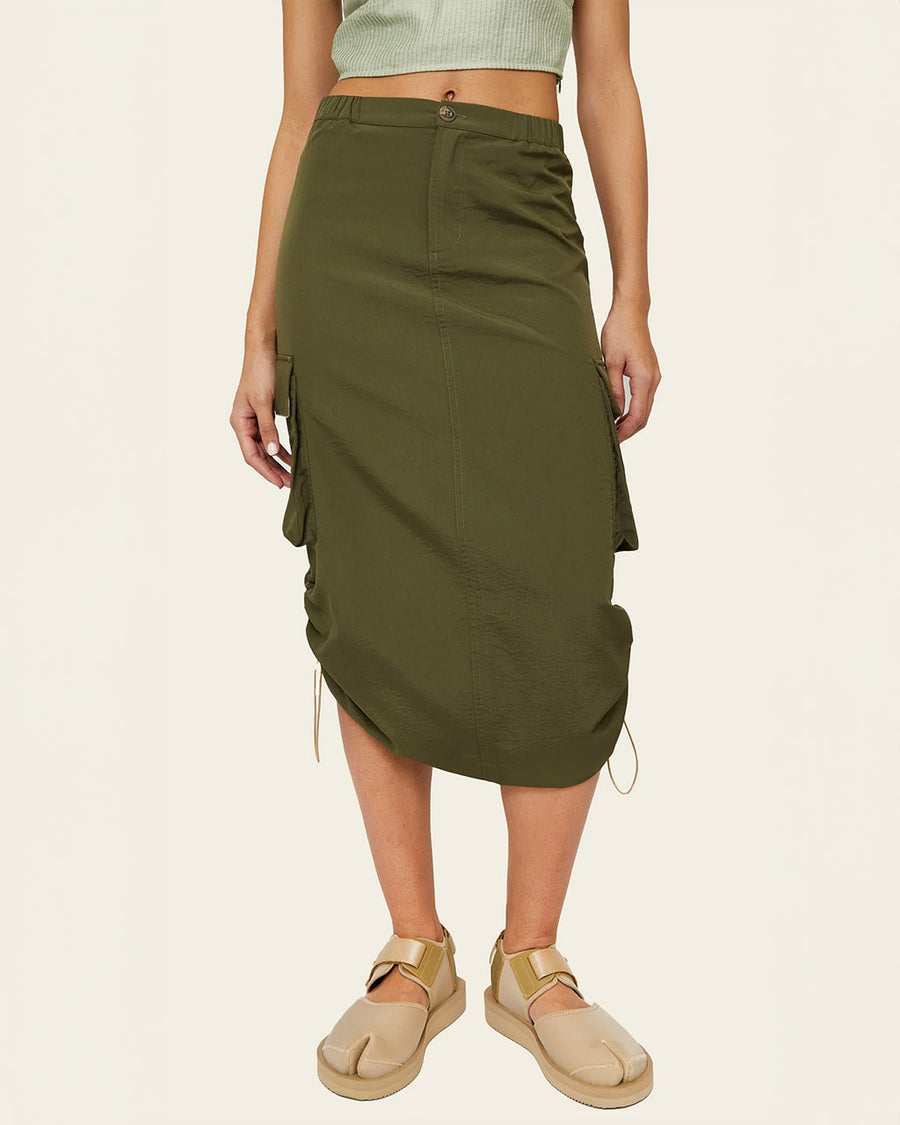olive green midi skirt with adjustable bungee sides and cargo pockets