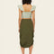 back view of olive green midi skirt with adjustable bungee sides and cargo pockets