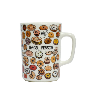 white coffee mug with all over bagel print and 'BAGEL PERSON' across the front