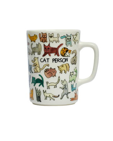 white coffee mug with all over cat print and black 'CAT PERSON' across the front