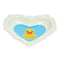 side view of white heart shaped dish with rubber ducky design