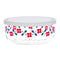 glass storage bowl with white lid and red and blue flower design