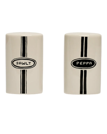 cream salt and pepper shakers with 'SAWLT' and 'PEPPA' across the front