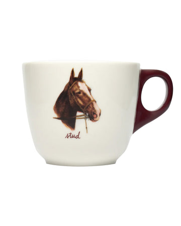 cream mug with brown handle and horse print with 'stud' underneath