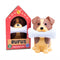 brown and tan dog with a bone in their mouth mood light and packaging