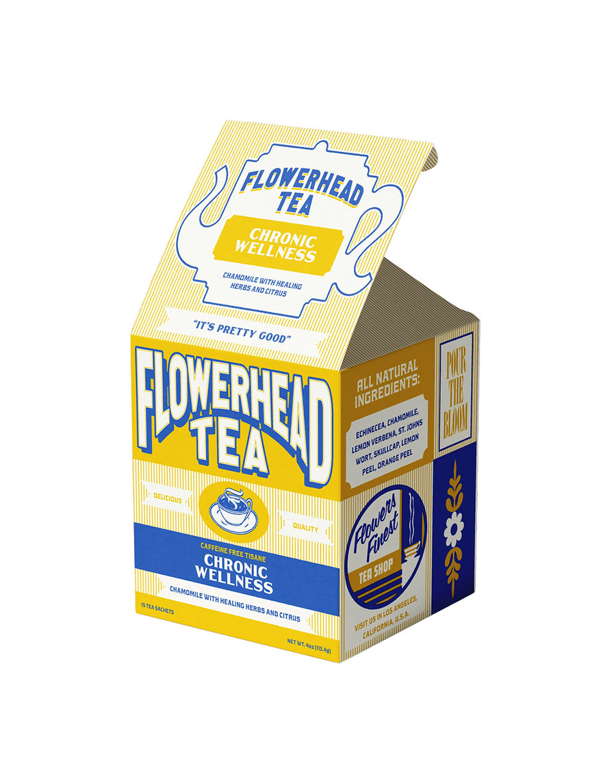 side view of box of chronic wellness flowerhead tea with 15 count tea sachets