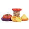 set of 5 various size food huggers in yellow, orange, red and purple shades on various food items