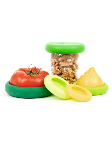 set of 5 fresh food huggers in green and yellow tones