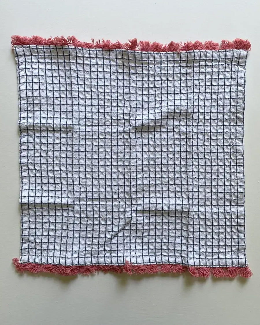 plaid dishcloth with navy with rose fringe