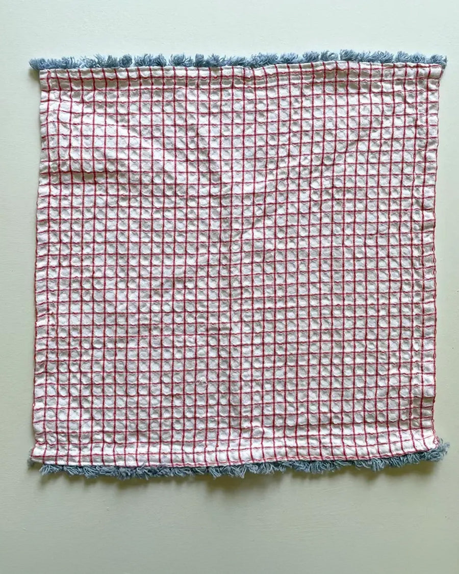 plaid dishcloth with red with blue fringe