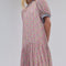 up close of model wearing pink floral drop waist midi dress with periwinkle trim on the neckline and puff sleeves