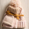 packaged thick knit ivory winter hat with pom and fingerless gloves/mittens