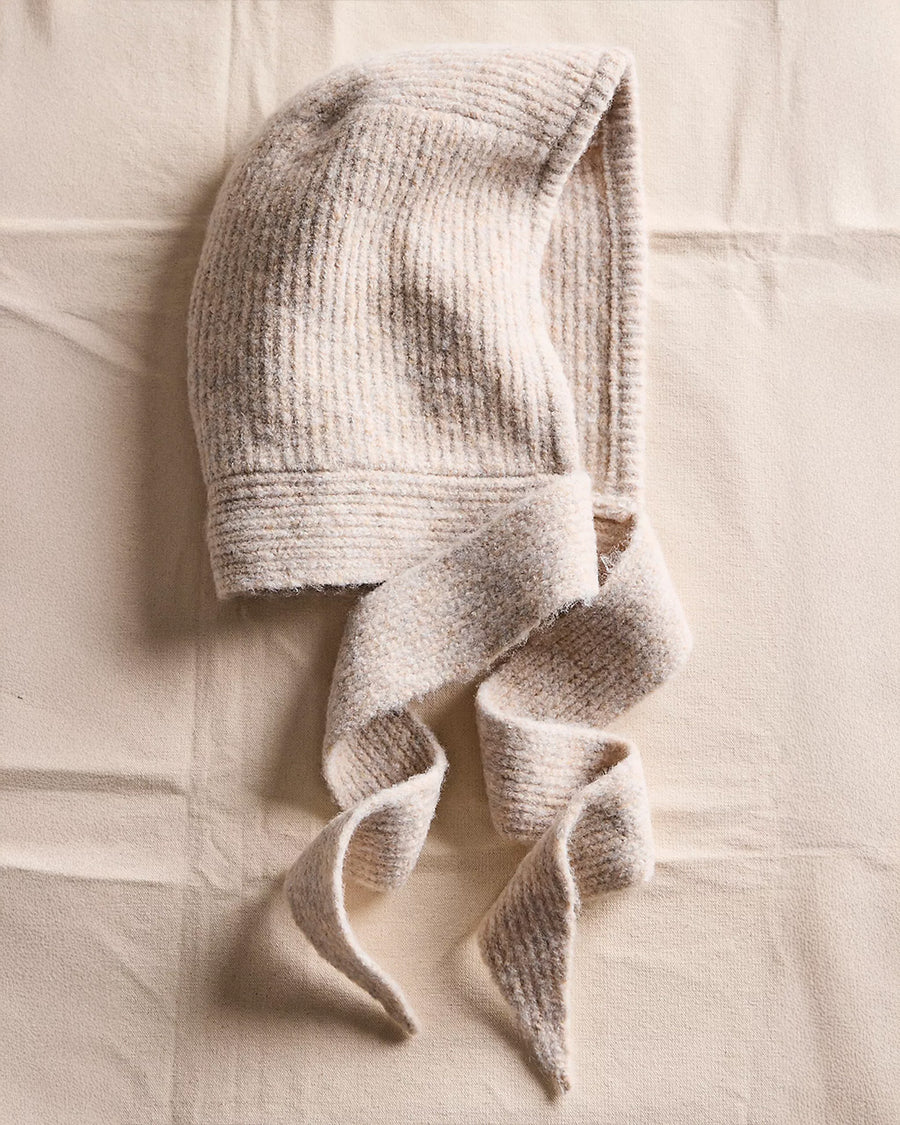 oatmeal knit bonnet with tie straps