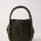 dark olive suede small handbag with piped handles