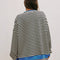 back view of model wearing black and white horizontal stripe crewneck sweatshirt with royal blue trim