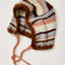 light blue, peach, brown and white stripe bonnet hat with tie straps