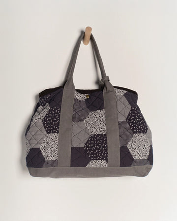 blue, black and grey quilted patchwork bag
