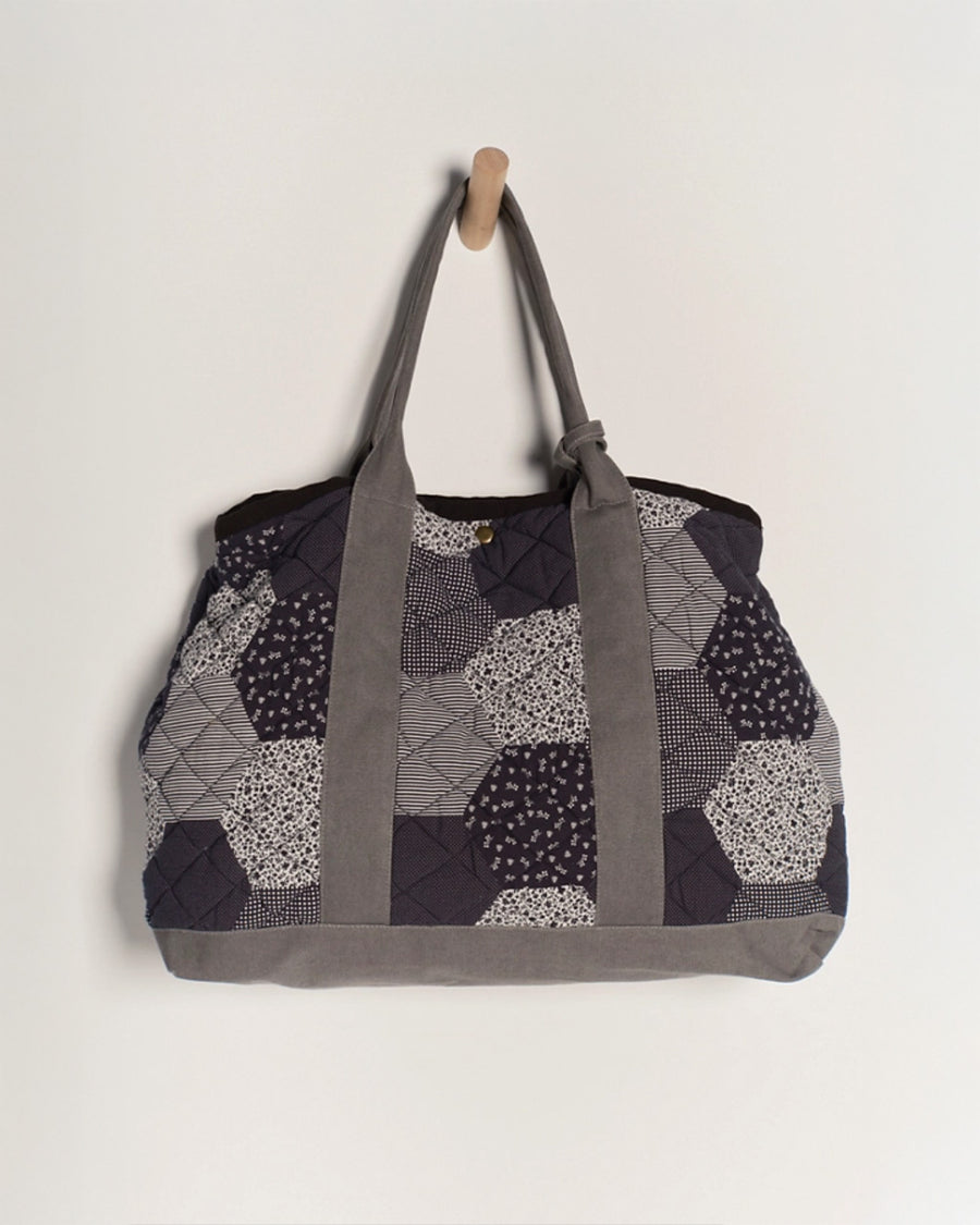 blue, black and grey quilted patchwork bag