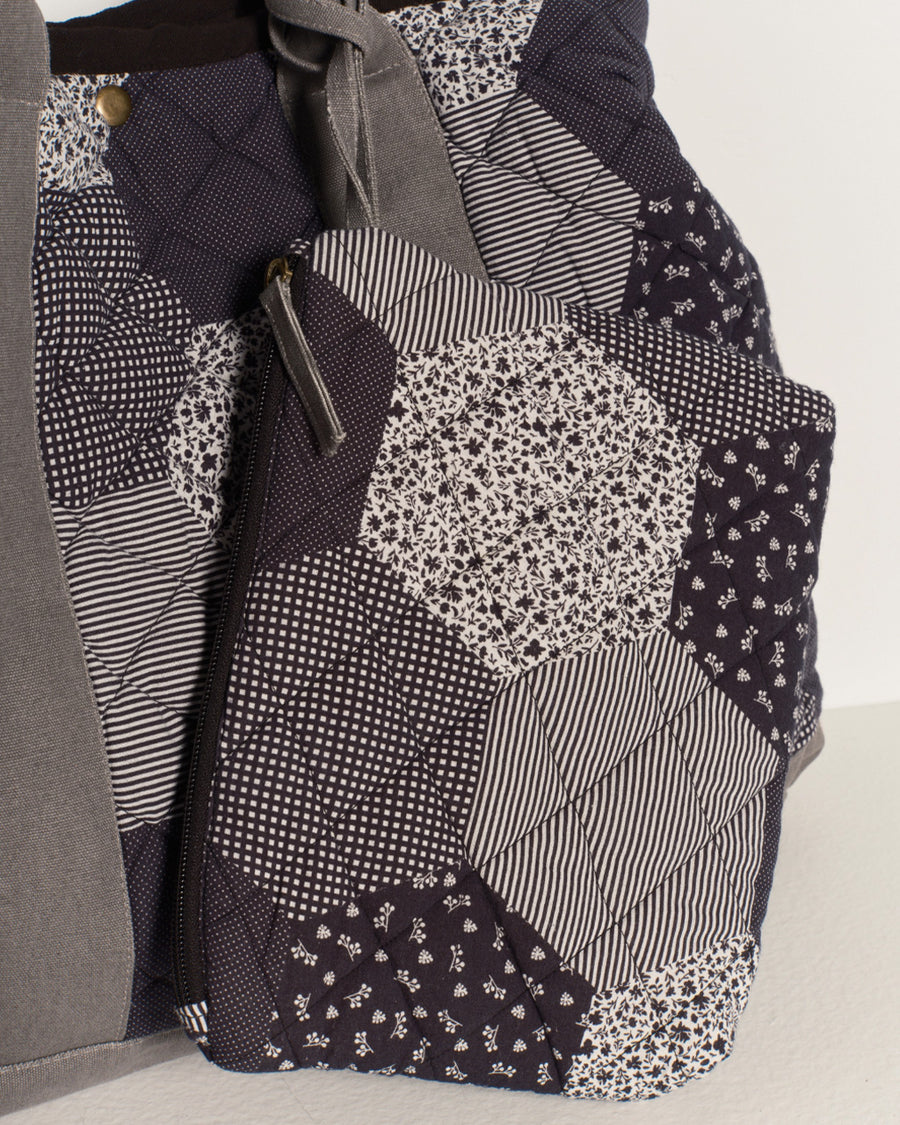 up close of blue, black and grey quilted patchwork pouch
