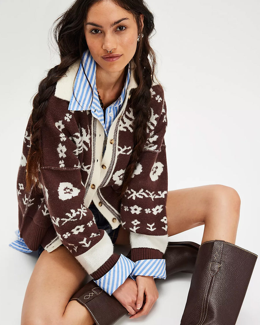 brown and cream floral cardigan with cream trim